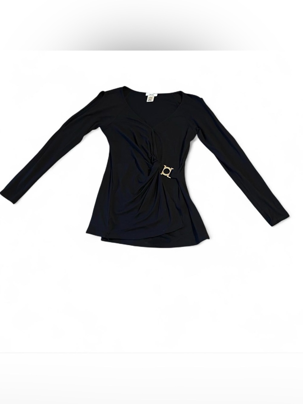 vintage cache black v-neck long sleeve wrap top with gold buckle accent